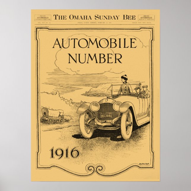 Affiches antique 1916 Omaha Daily Bee section automobile (Devant)
