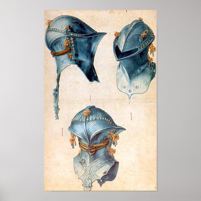 AFFICHES ANTIQUE KNIGHT ARMORS /THREE STUDIES OF A HELMET (Devant)