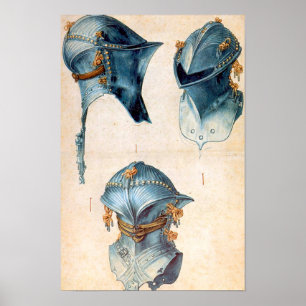 AFFICHES ANTIQUE KNIGHT ARMORS /THREE STUDIES OF A HELMET