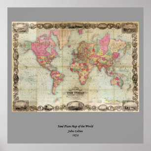 Affiches Antique World Map by John Colton, circa 1854