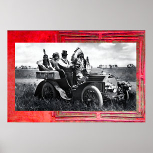 AFFICHES APACHES ET GERONIMO CONDUISANT UNE VOITURE À MOTEU