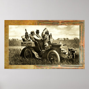 AFFICHES APACHES ET GERONIMO CONDUISANT UNE VOITURE À MOTEU