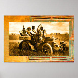 AFFICHES APACHES ET GERONIMO CONDUISANT UNE VOITURE À MOTEU