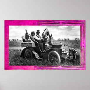 AFFICHES APACHES ET GERONIMO CONDUISANT UNE VOITURE À MOTEU