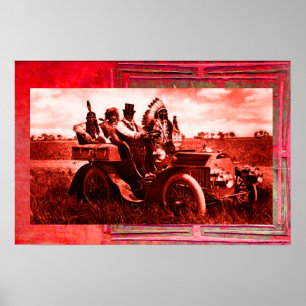 AFFICHES APACHES ET GERONIMO CONDUISANT UNE VOITURE À MOTEU