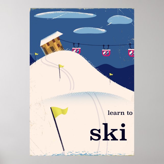 Affiches apprendre à skier dessin animé vintage. (Devant)