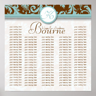 Affiches Aqua Brown Monogramme Damask Seat Chart