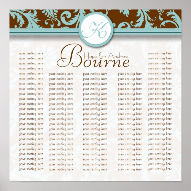Affiches Aqua Brown Monogramme Damask Seat Chart (Devant)
