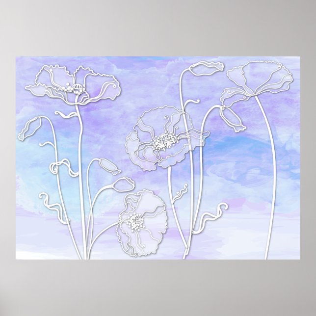 Affiches Aquarelle Abstraite violette et bleue et pavots 3 (Devant)