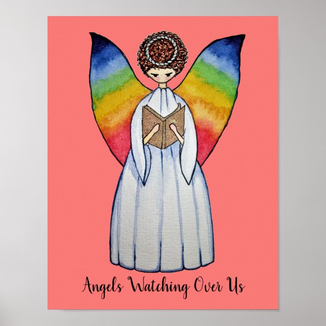 Affiches Aquarelle Angel Avec Arcs-En-Ciel Lire Un Livre (Devant)