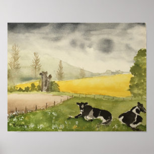 Affiches Aquarelle anglaise Campagne Fields & Cows