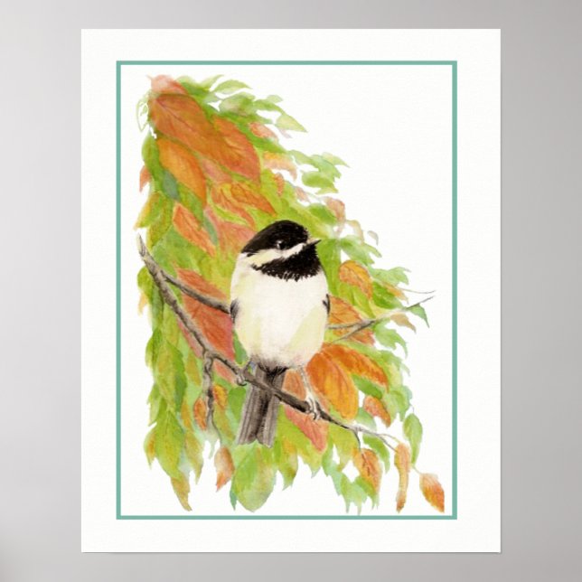 Affiches Aquarelle Automne Chickadee Oiseau Feuilles d'auto (Devant)