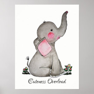 Affiches Aquarelle Bébé mou Eléphant Avec Blush & fleurs