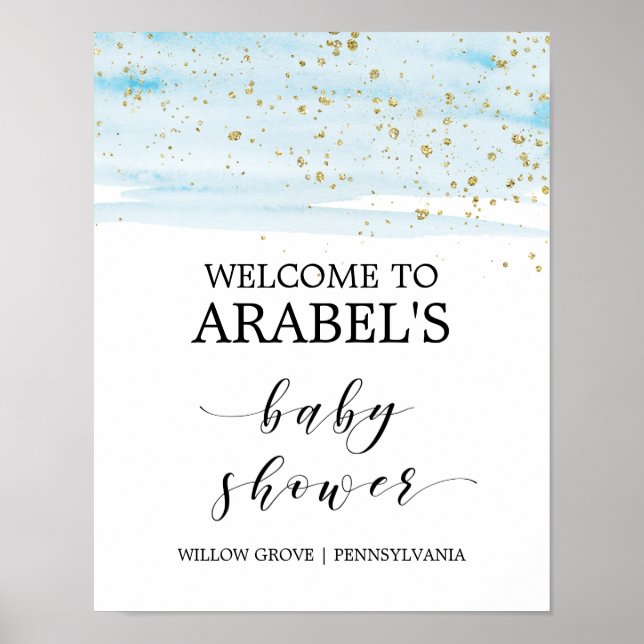 Affiches Aquarelle Bleu & Or Baby shower Bienvenue (Devant)
