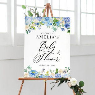 Affiches Aquarelle Blue Hydrangeas Baby shower Bienvenue