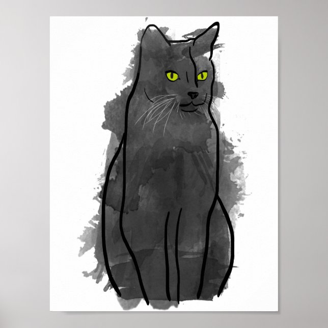 Affiches Aquarelle Chat Noir Art, Aquarelle Décor Chat (Devant)