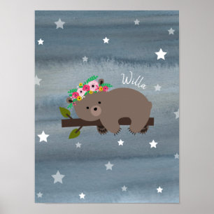 Affiches Aquarelle d'Ours couché Floral Baby Nursery