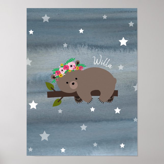 Affiches Aquarelle d'Ours couché Floral Baby Nursery (Devant)
