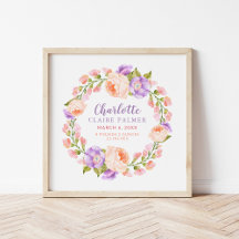 Aquarelle Floral Personnalisé Baby Birth Stats