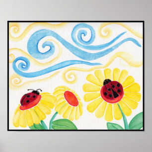 Affiches Aquarelle Ladybug & Fleurs Imprimer