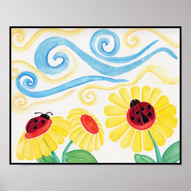 Affiches Aquarelle Ladybug & Fleurs Imprimer (Devant)