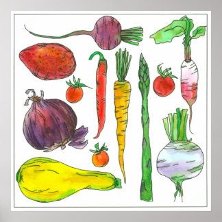 Affiches Aquarelle Légumes Carottes betteraves Asperges