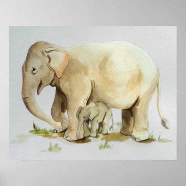 Affiches Aquarelle mère et bébé éléphant Imprimer 20x16 (Devant)