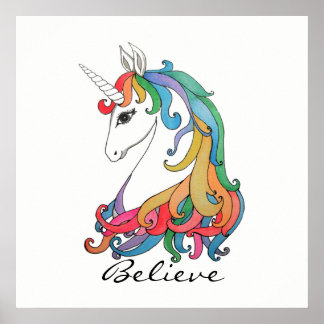 Affiches Aquarelle mignonne unicorne arc-en-ciel