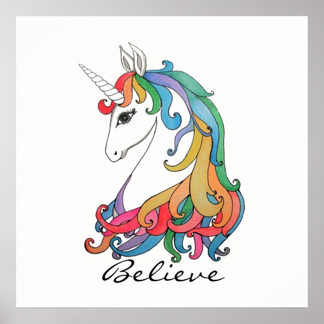 Affiches Aquarelle mignonne unicorne arc-en-ciel (Devant)