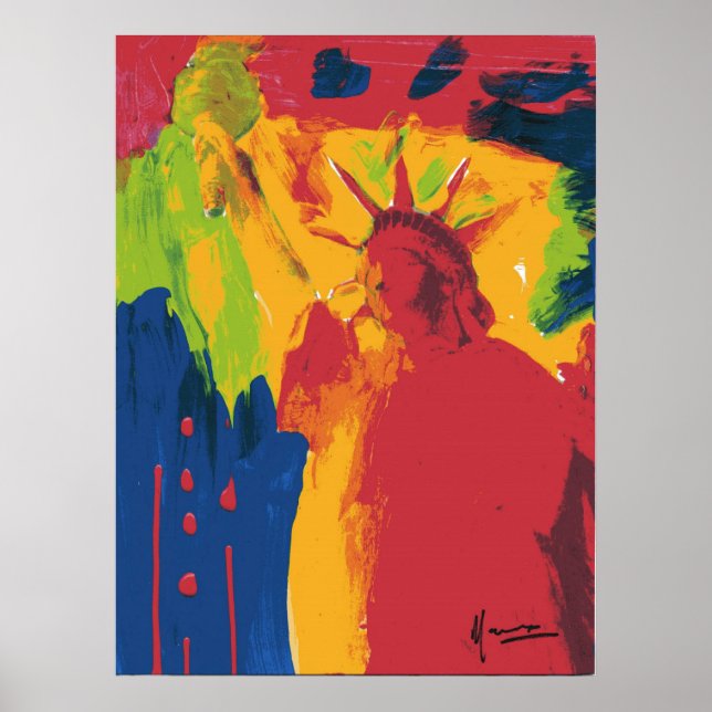 Affiches Aquarelle moderne rouge et jaune Statue de la libe (Devant)