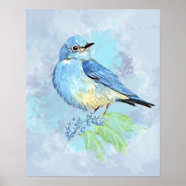 Affiches Aquarelle Montagne Bluebird Oiseau Nature Art (Devant)