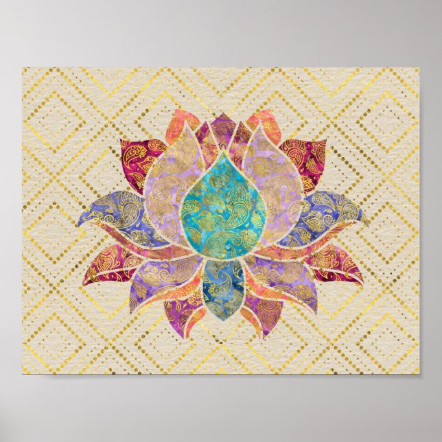 Affiches Aquarelle & Paisley or décoré lotus (Devant)