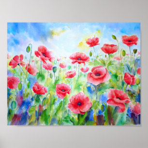 Affiches Aquarelle peignant le champ rouge de pavot