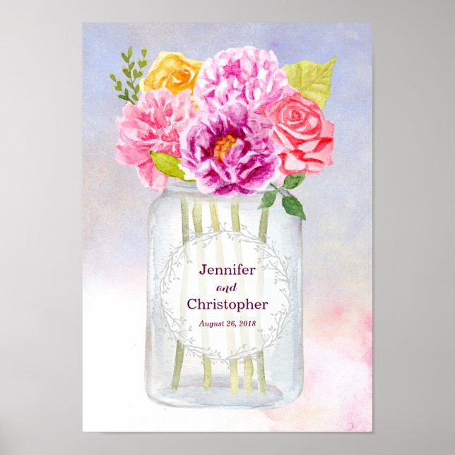 Affiches Aquarelle Peonies Rose Rustic Mason Jar Mariage (Devant)
