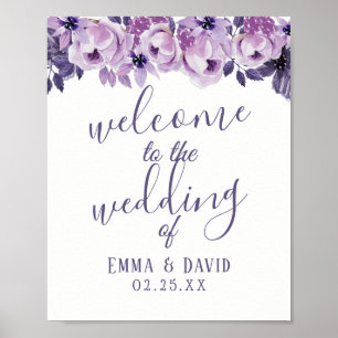 Affiches Aquarelle Purple Floral Élégant Mariage Bienvenue