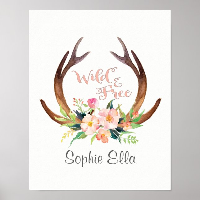 Affiches Aquarelle sauvage et libre Cerf Antler et Flower (Devant)