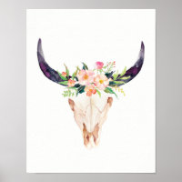 Aquarelle Taureau avec Fleurs roses