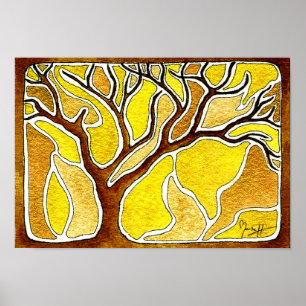 Affiches Arbre à l'encre d'aquarelle - or jaune