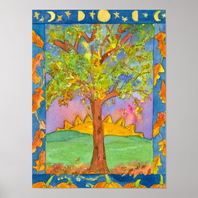 Affiches Arbre de soleil d'automne Aquarelle Peinture paysa (Devant)