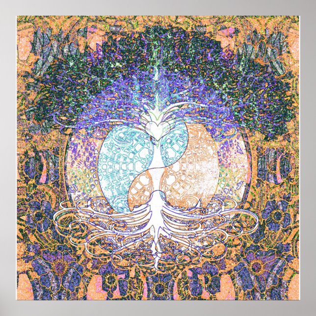 Affiches Arbre de vie avec ying yang et symbole cardiaque (Devant)