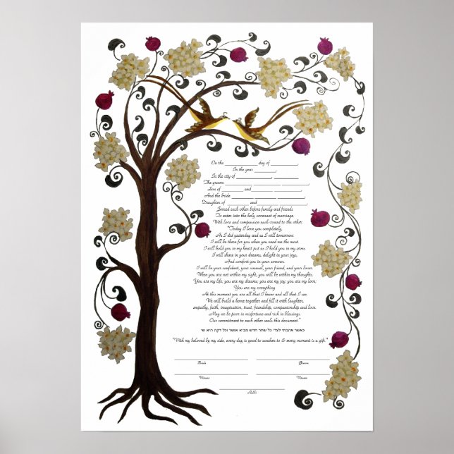 Affiches Arbre de vie Ketubah & grenades, portrait (sw) (Devant)