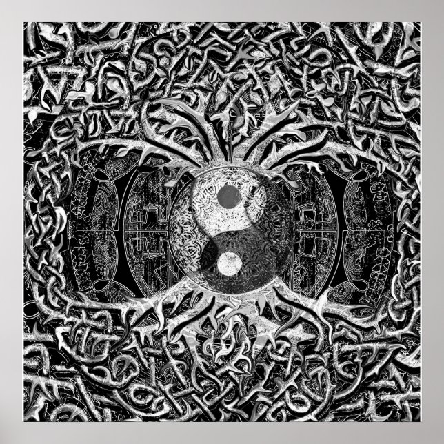 Affiches Arbre de vie Yin Yang en noir et blanc (Devant)