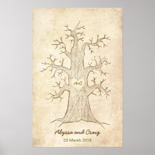 Affiches Arbre d'empreintes digitales vert Mariage (Vintage