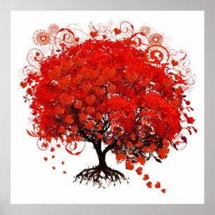 Affiches Arbre rouge avec Feuilles du coeur en chute