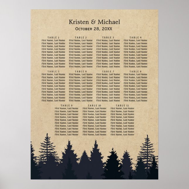 Affiches Arbres à pin d'hiver Kraft Mariage Carte de siège (Devant)