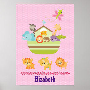 Affiches Arche Animaux Mignons sur Fond Rose à Points Nurse