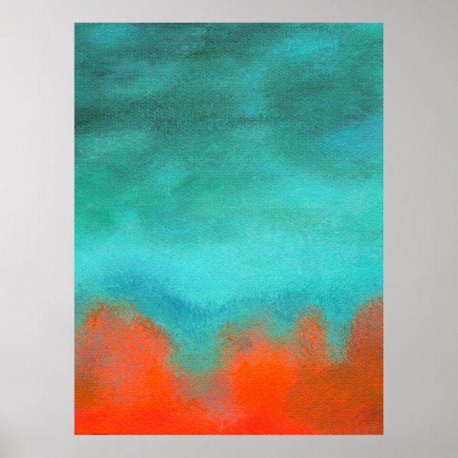 Affiches Art Abstrait Ciel Feu Lave Rouge Orange Turquoise (Devant)
