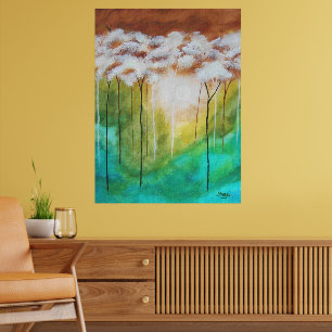 Affiches Art de paysage abstrait, arbres minces, sarcelle,