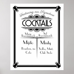 Affiches ART Deco Cocktail bar signe Gatsby Party des année
