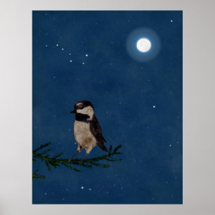 Affiches Art d'oiseau, Chickadee, lune, étoiles, grand